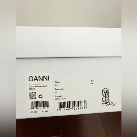 NWT GANNI  Mid Shaft Embroidered Western Cowboy Boots in Black/Egret Sz US 8 - Picture 15 of 17